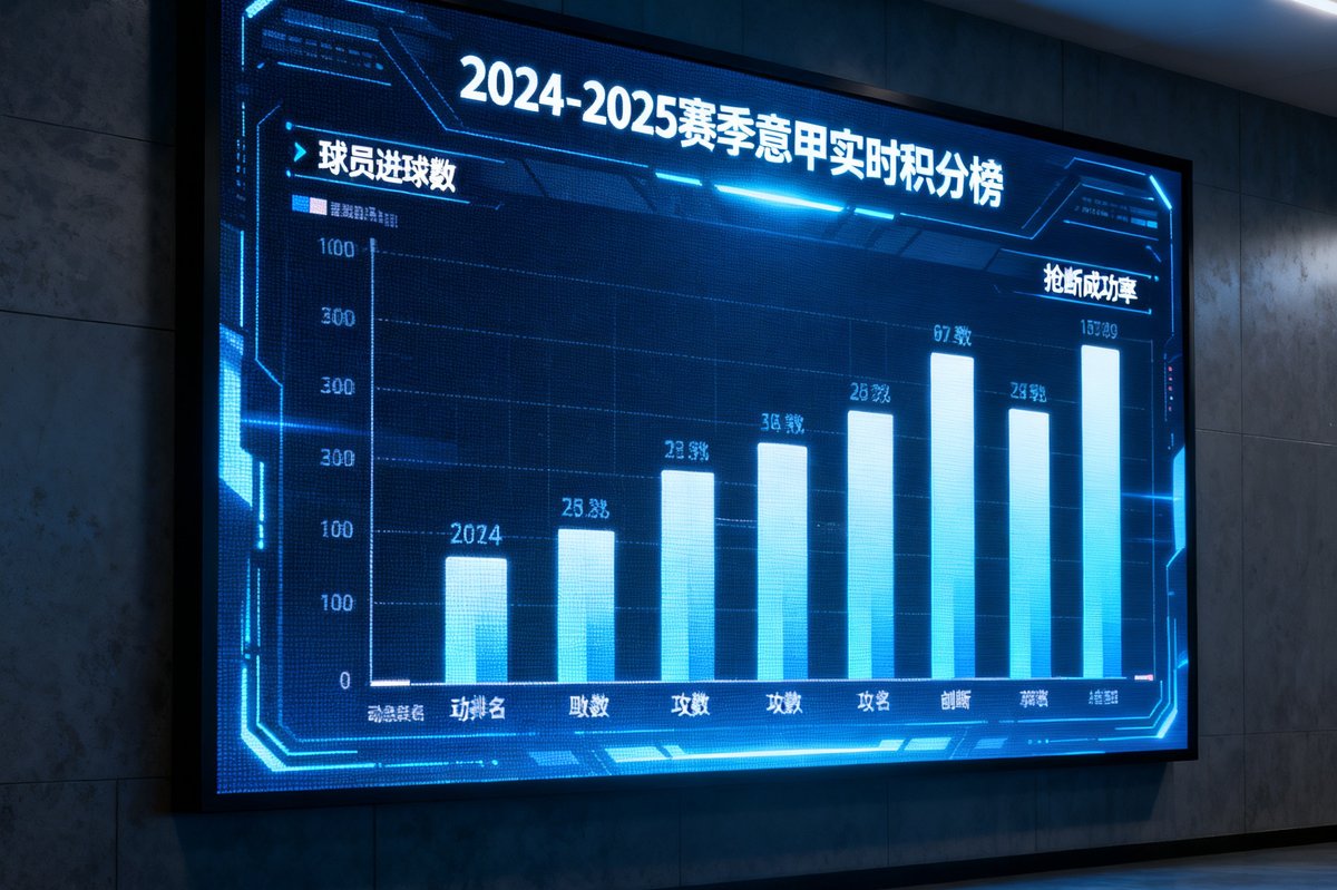 一面大型LED数据屏幕上以可视化图表形式展示着2024-2025赛季意甲实时积分榜，旁边有球员进球数、助攻数、抢断成功率的动态排名柱状图